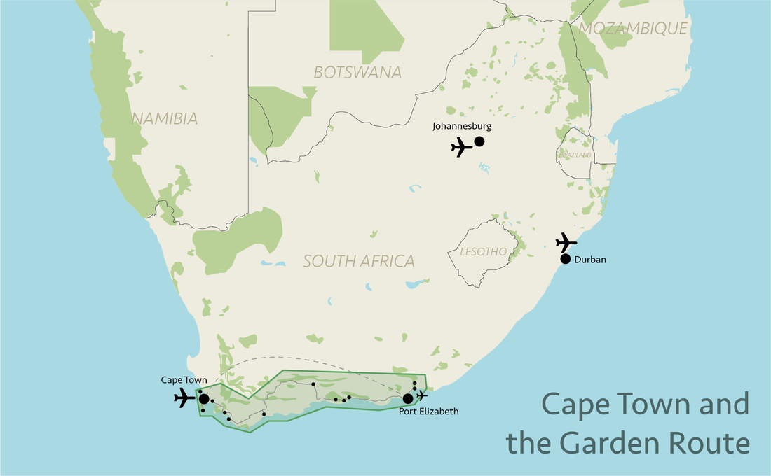 Tailor made safaris - Cape and Garden Route situation map