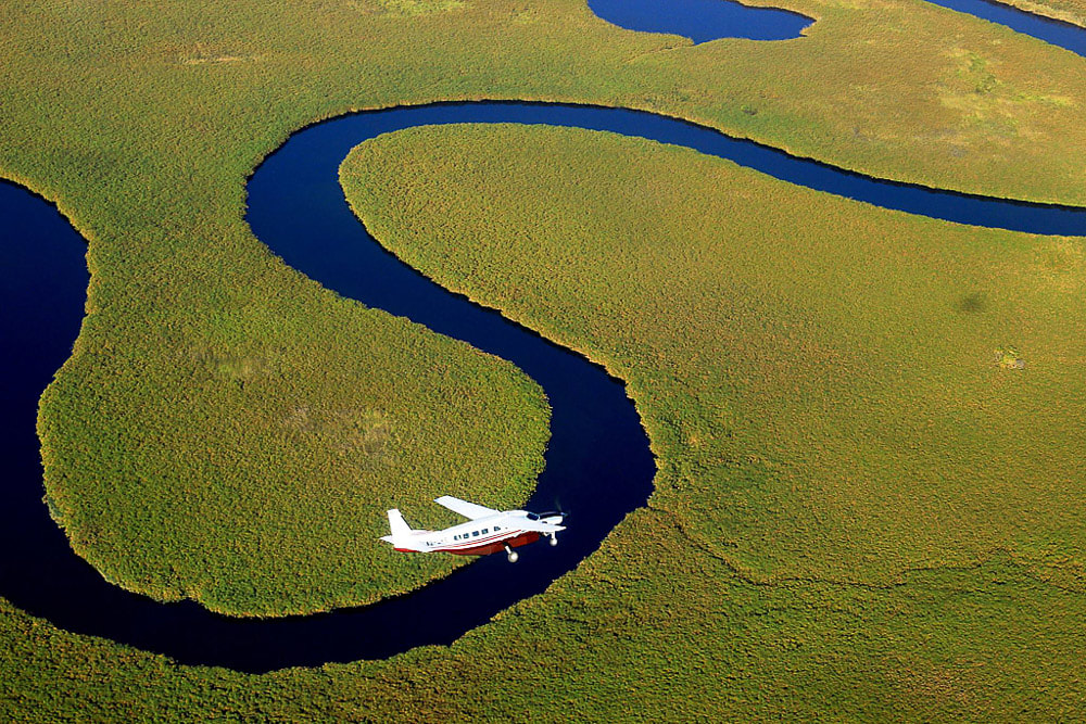 small aircraft flight over the Okavango Delta